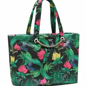 Victoria's Secret Black Tropical Floral Tote with Gold Chain Accent